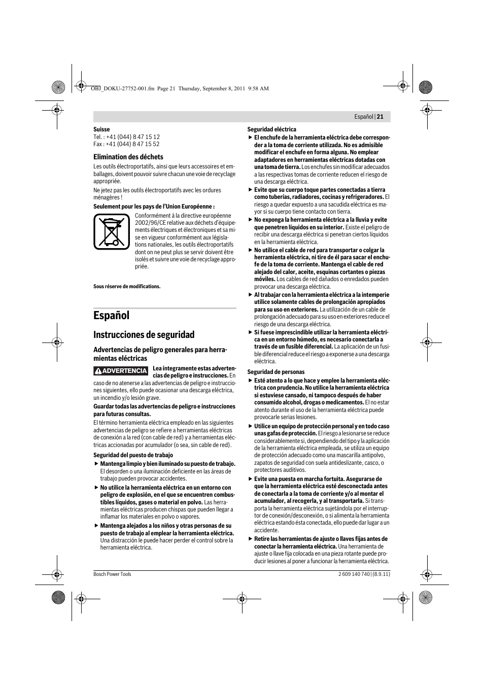 Español, Instrucciones de seguridad | Bosch GHO 15-82 Professional User Manual | Page 21 / 139