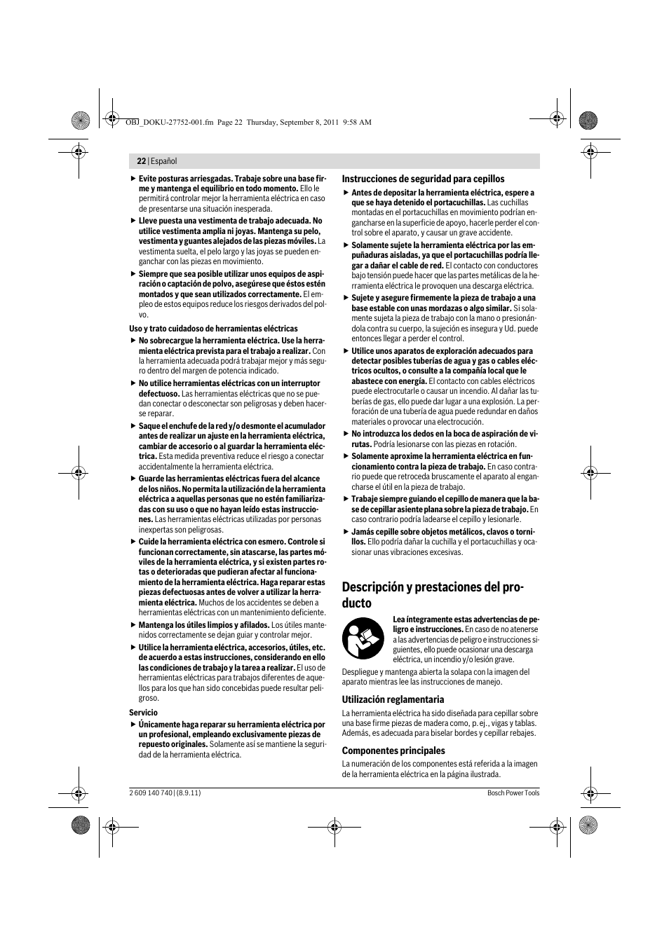 Descripción y prestaciones del pro- ducto | Bosch GHO 15-82 Professional User Manual | Page 22 / 139