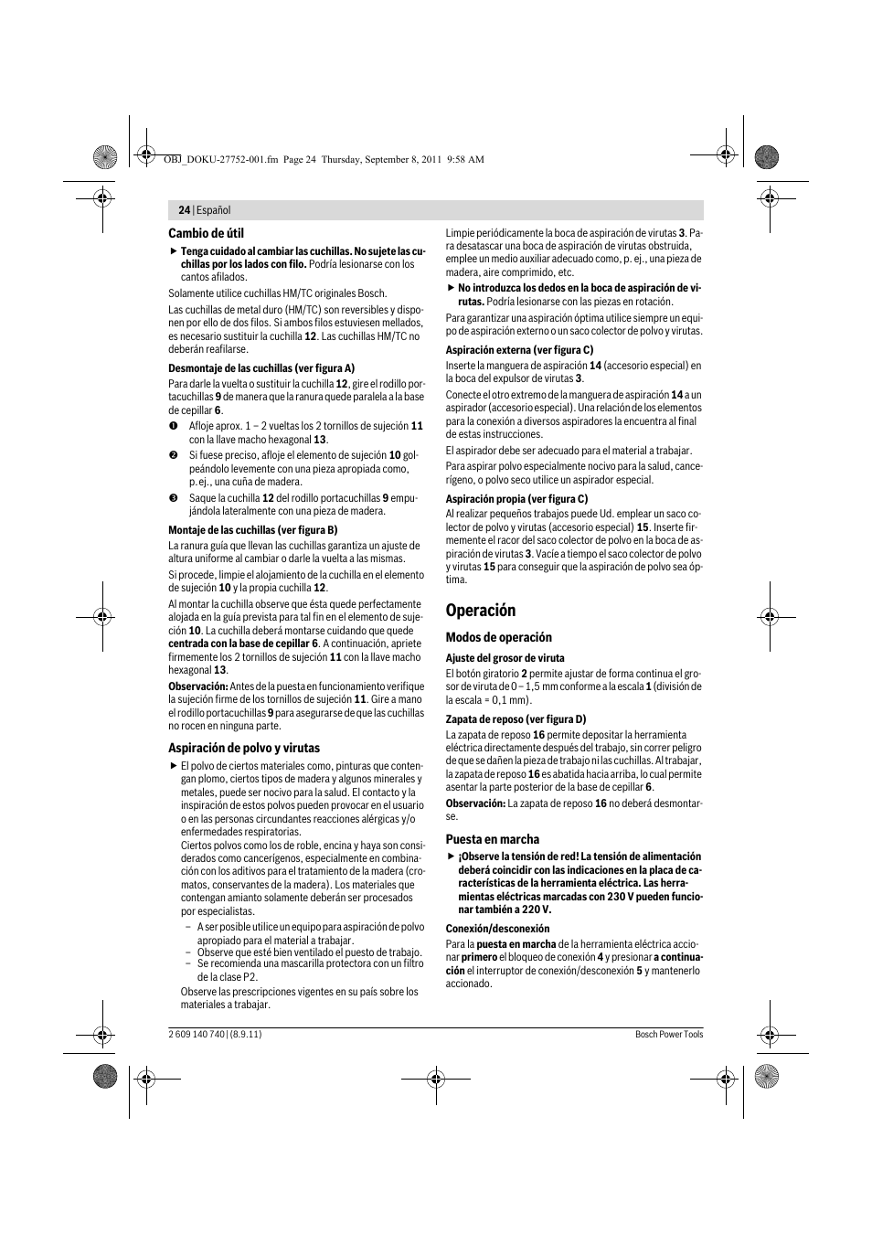 Operación | Bosch GHO 15-82 Professional User Manual | Page 24 / 139