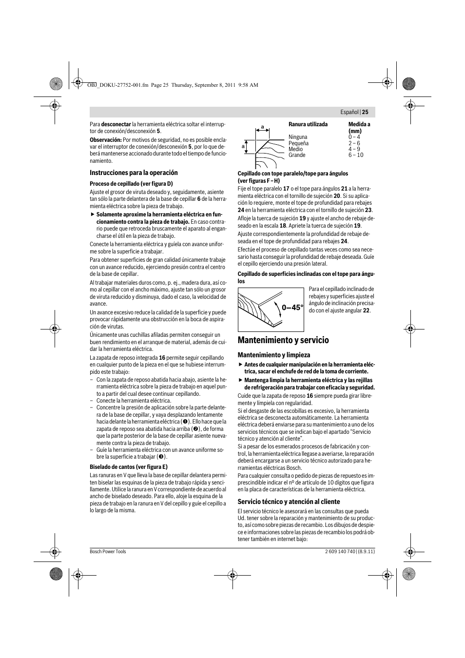 Mantenimiento y servicio | Bosch GHO 15-82 Professional User Manual | Page 25 / 139