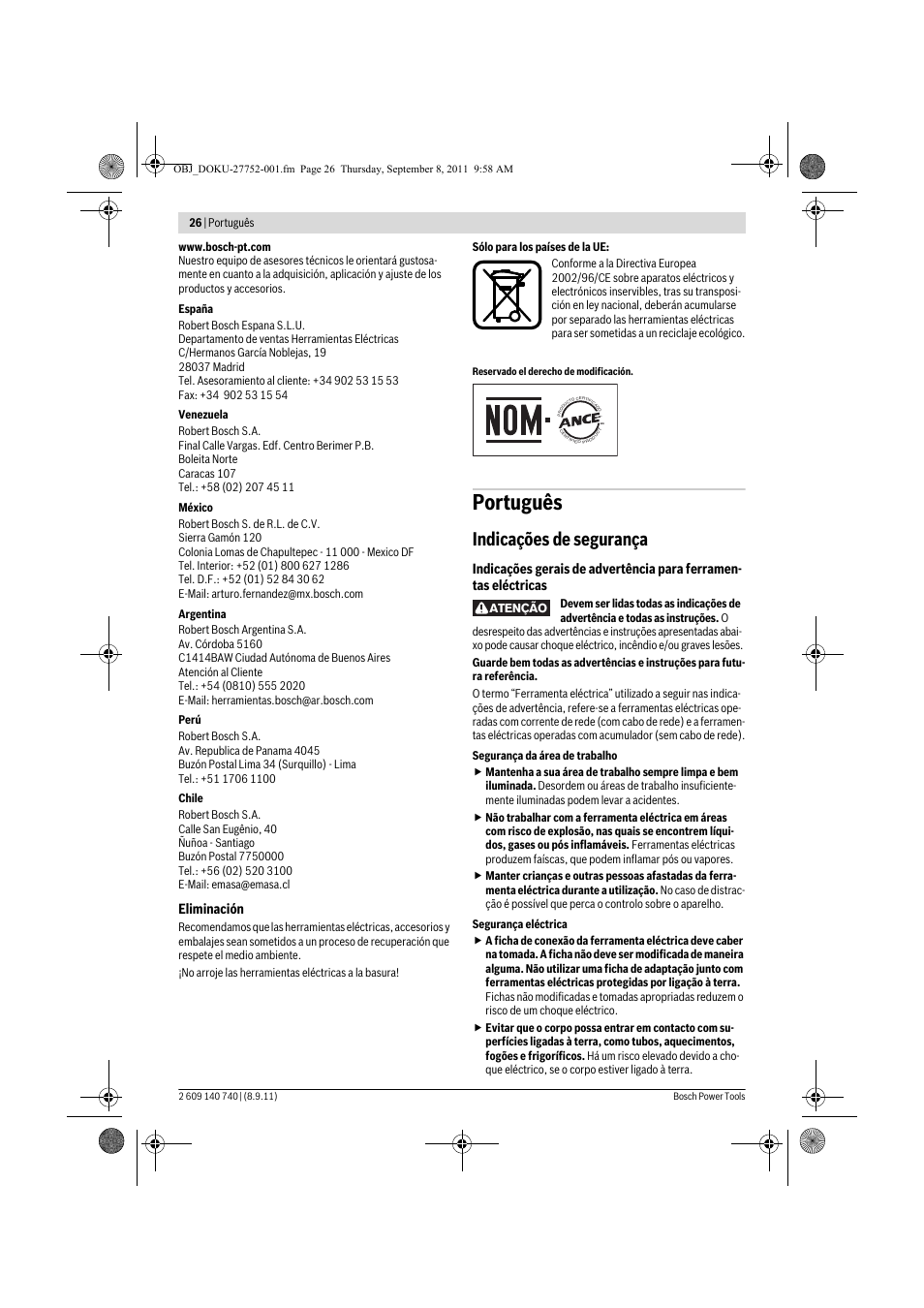 Português, Indicações de segurança | Bosch GHO 15-82 Professional User Manual | Page 26 / 139