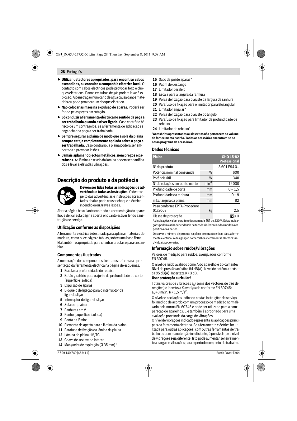 Descrição do produto e da potência | Bosch GHO 15-82 Professional User Manual | Page 28 / 139