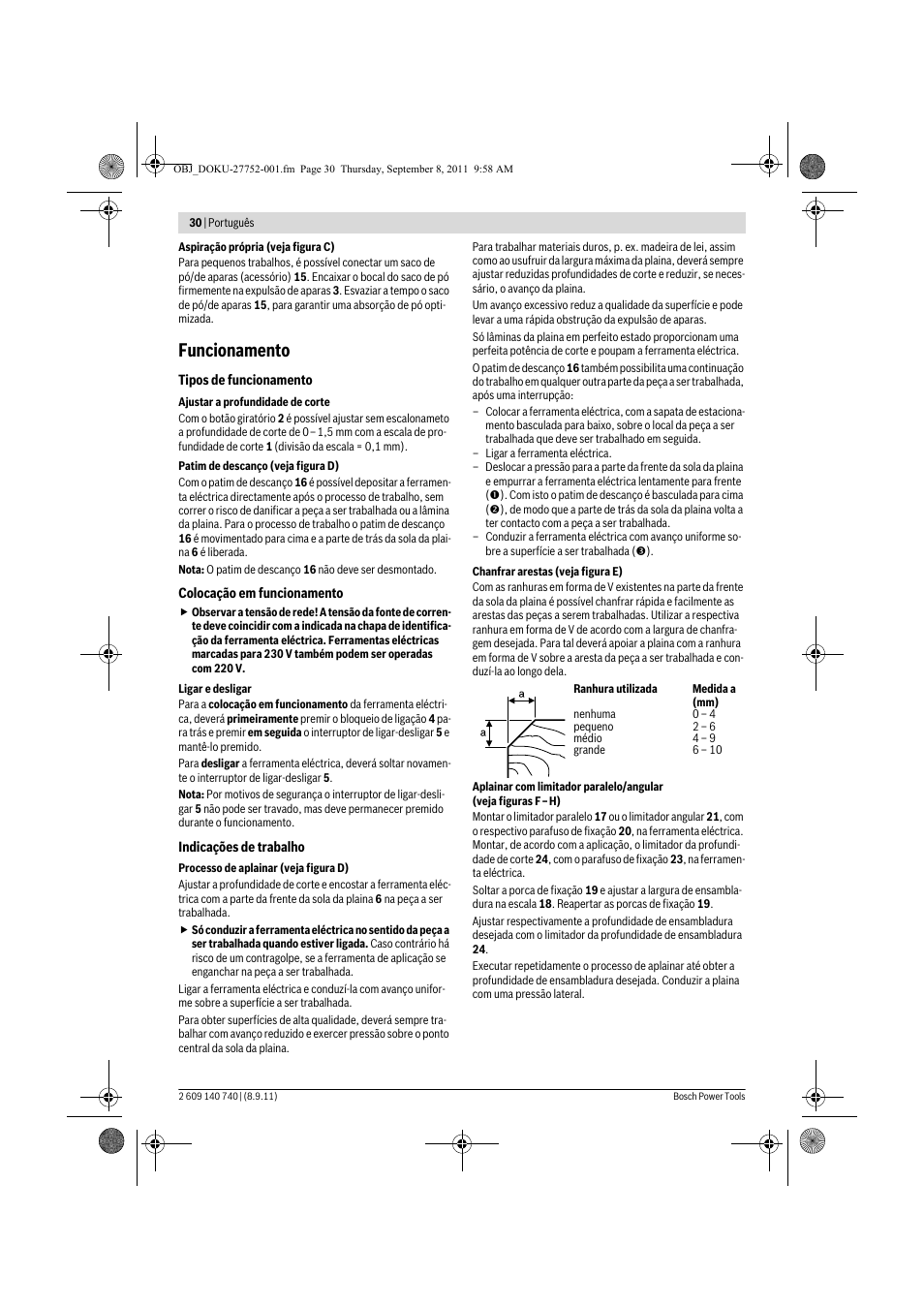 Funcionamento | Bosch GHO 15-82 Professional User Manual | Page 30 / 139