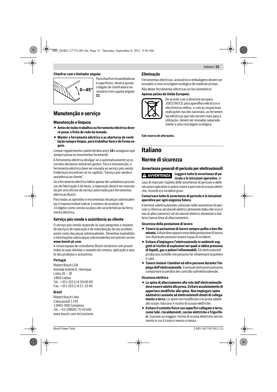 Italiano, Manutenção e serviço, Norme di sicurezza | Bosch GHO 15-82 Professional User Manual | Page 31 / 139