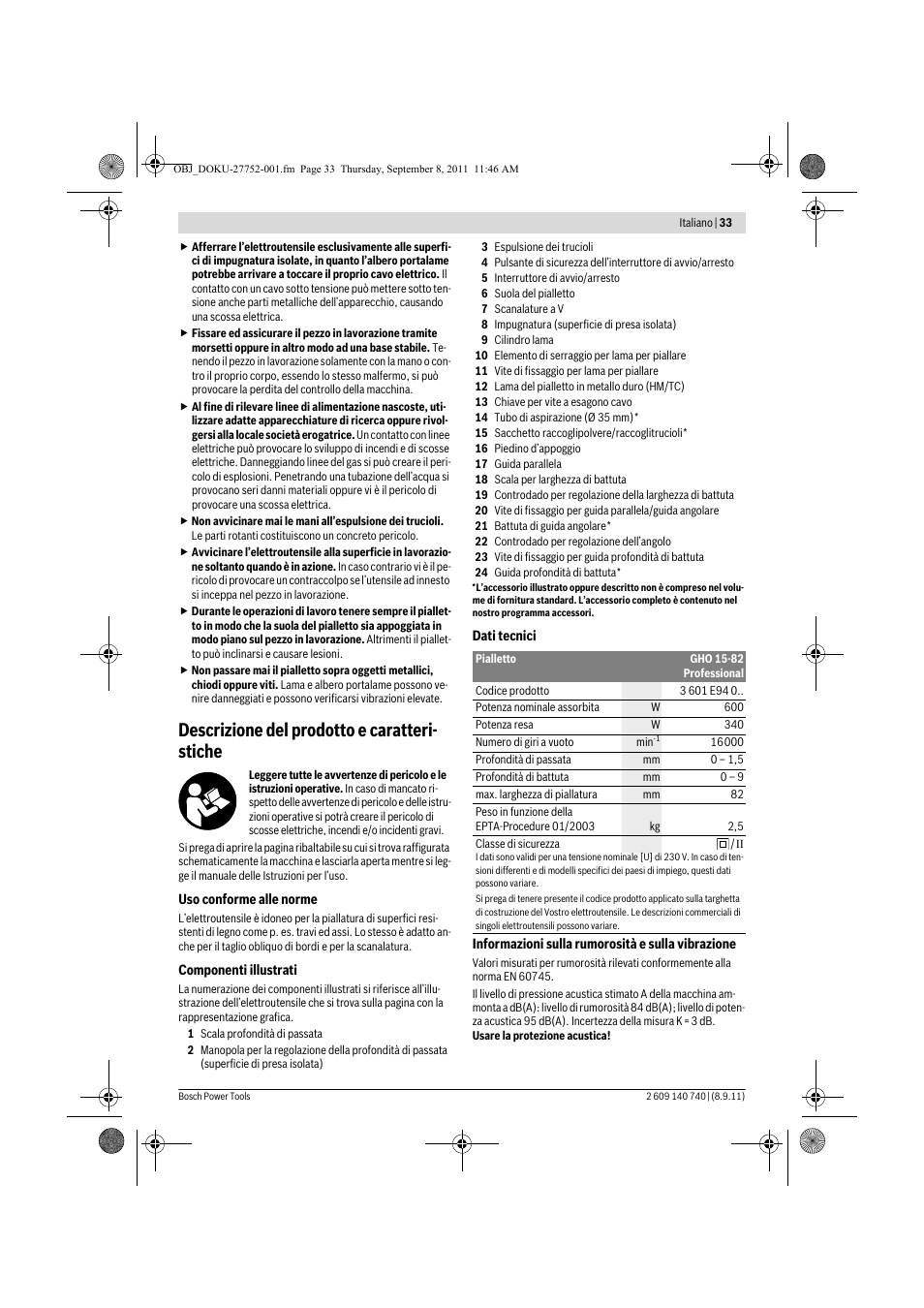 Descrizione del prodotto e caratteri- stiche | Bosch GHO 15-82 Professional User Manual | Page 33 / 139