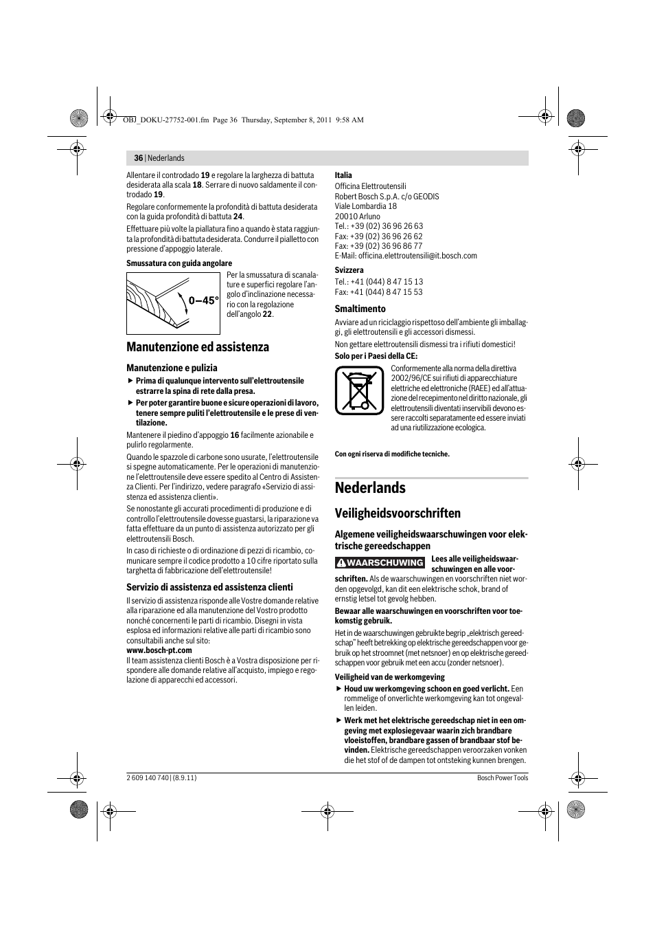 Nederlands, Manutenzione ed assistenza, Veiligheidsvoorschriften | Bosch GHO 15-82 Professional User Manual | Page 36 / 139