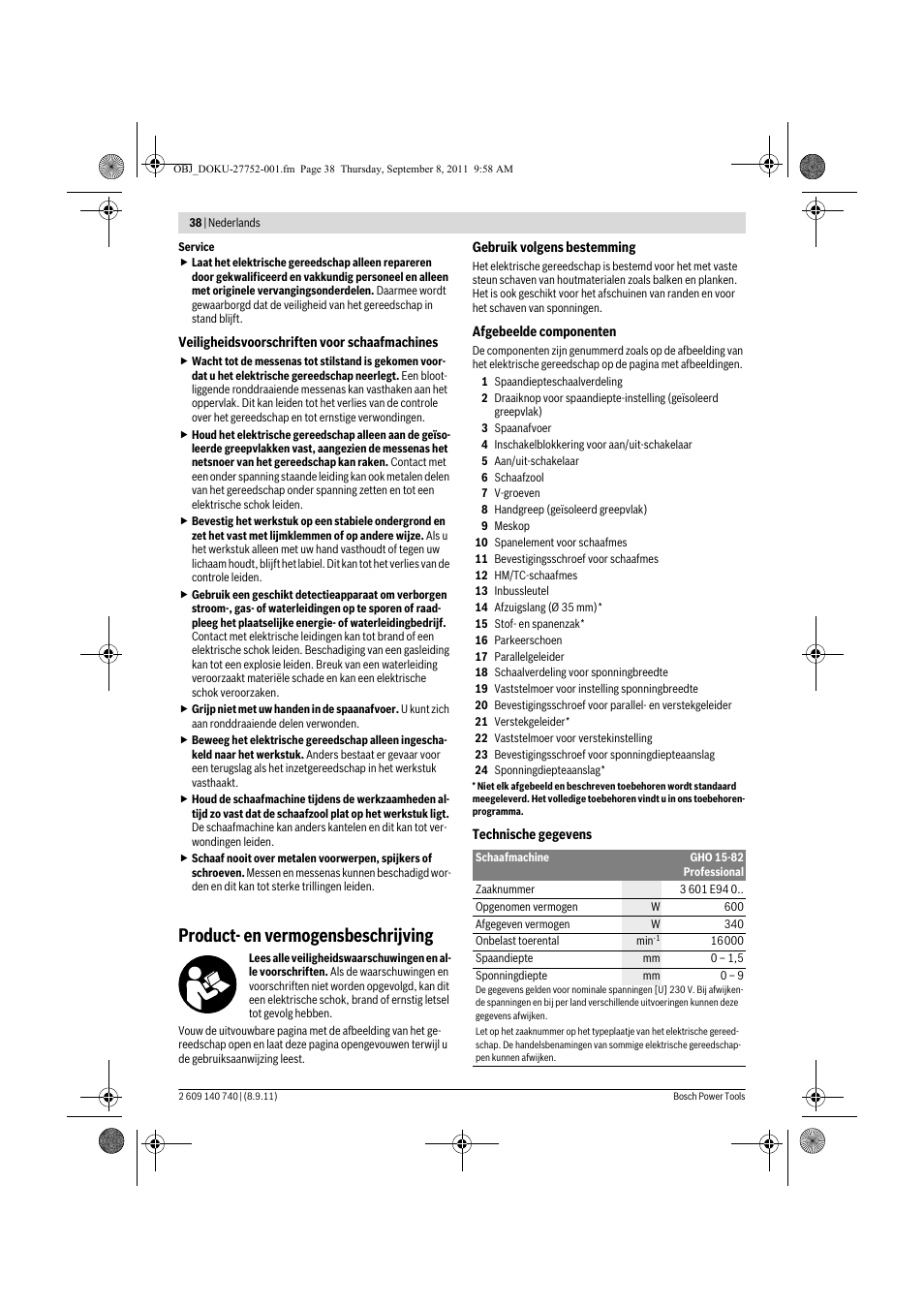 Product- en vermogensbeschrijving | Bosch GHO 15-82 Professional User Manual | Page 38 / 139