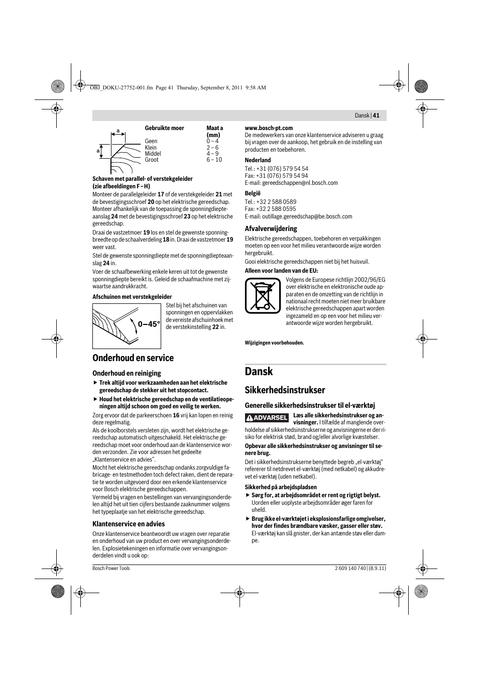 Dansk, Onderhoud en service, Sikkerhedsinstrukser | Bosch GHO 15-82 Professional User Manual | Page 41 / 139