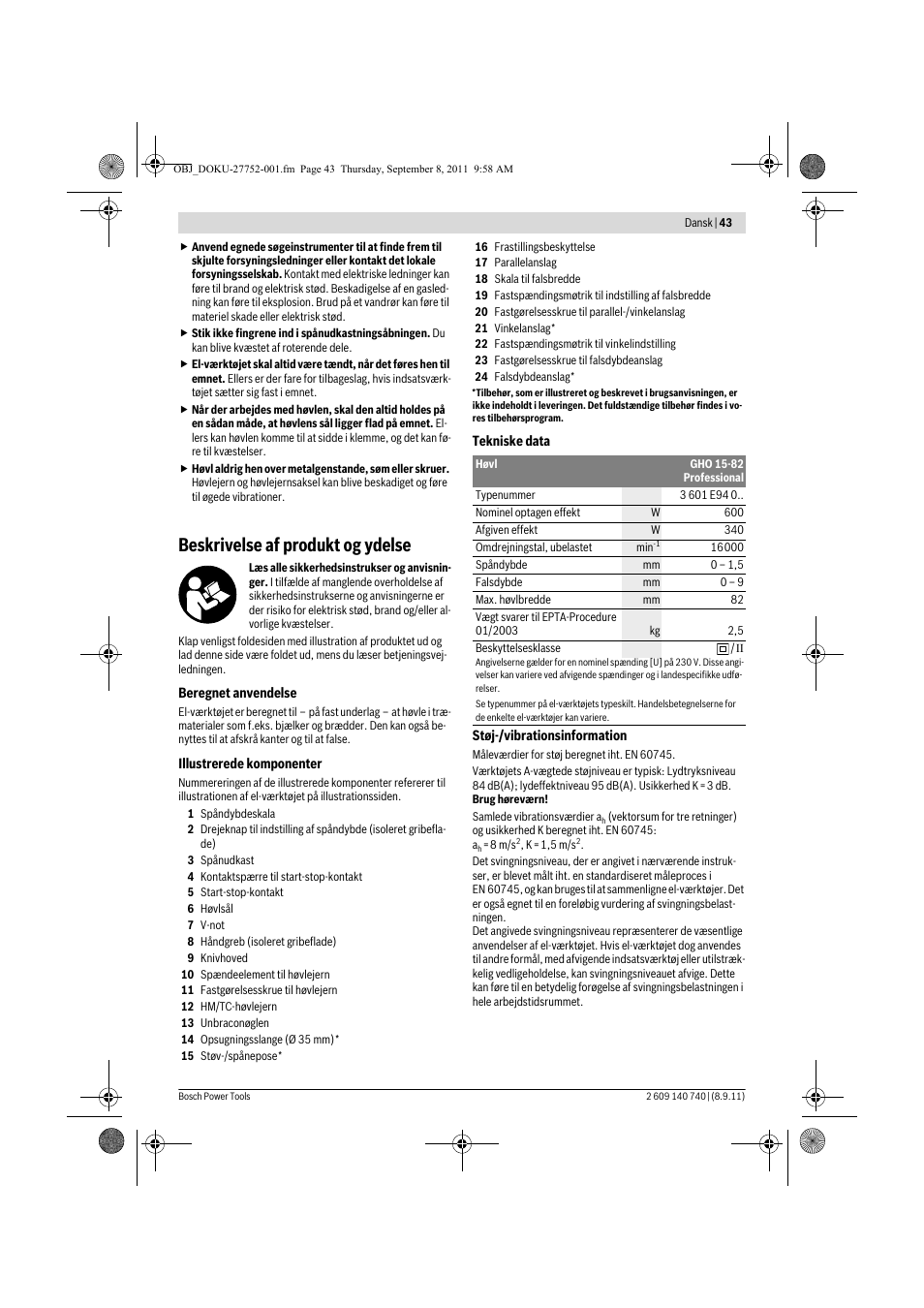 Beskrivelse af produkt og ydelse | Bosch GHO 15-82 Professional User Manual | Page 43 / 139