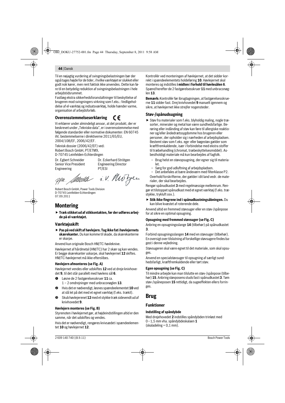 Montering, Brug | Bosch GHO 15-82 Professional User Manual | Page 44 / 139