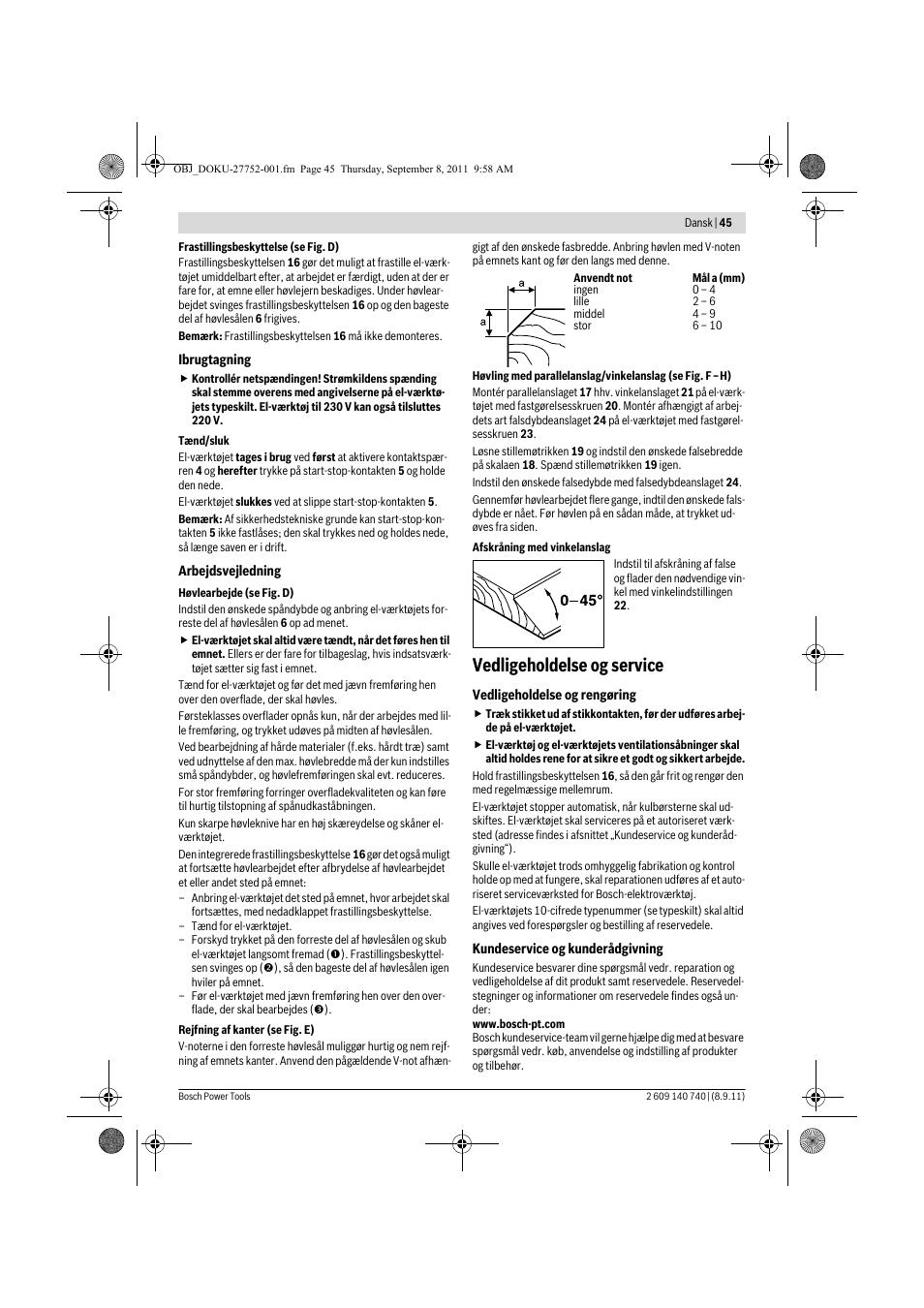 Vedligeholdelse og service | Bosch GHO 15-82 Professional User Manual | Page 45 / 139