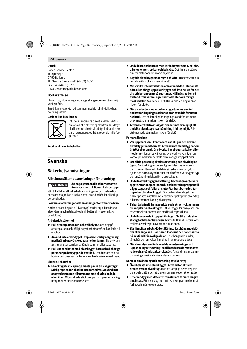 Svenska, Säkerhetsanvisningar | Bosch GHO 15-82 Professional User Manual | Page 46 / 139