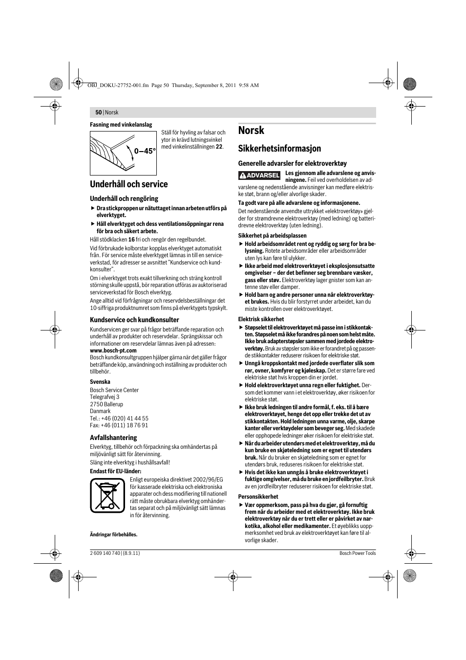 Norsk, Underhåll och service, Sikkerhetsinformasjon | Bosch GHO 15-82 Professional User Manual | Page 50 / 139