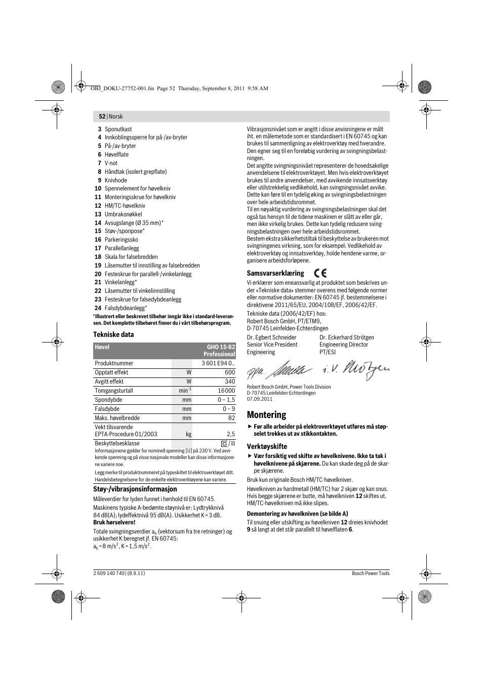 Montering | Bosch GHO 15-82 Professional User Manual | Page 52 / 139