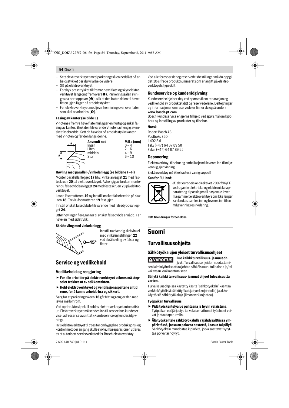 Suomi, Service og vedlikehold, Turvallisuusohjeita | Bosch GHO 15-82 Professional User Manual | Page 54 / 139