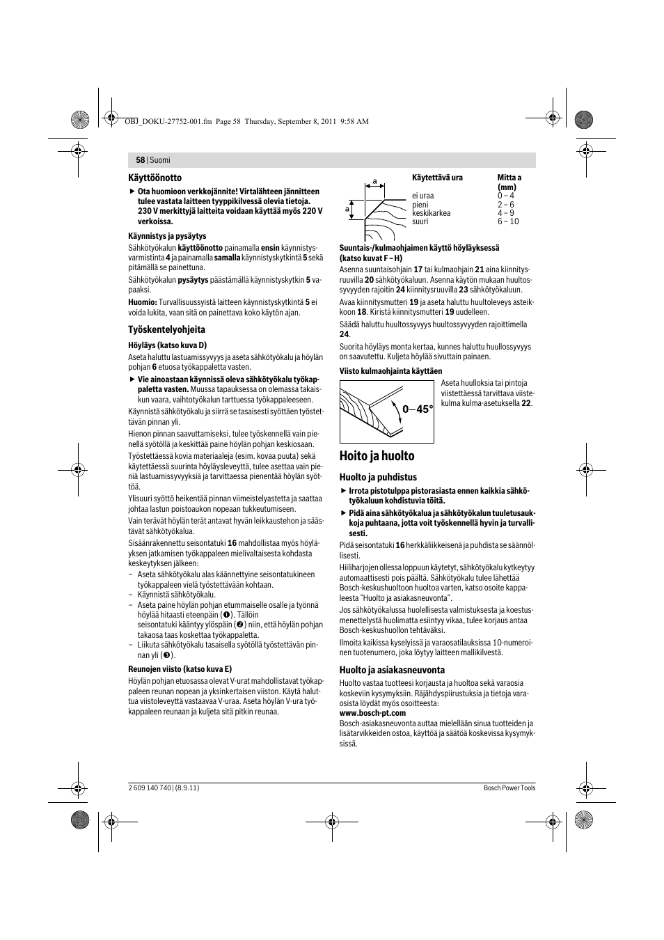 Hoito ja huolto | Bosch GHO 15-82 Professional User Manual | Page 58 / 139