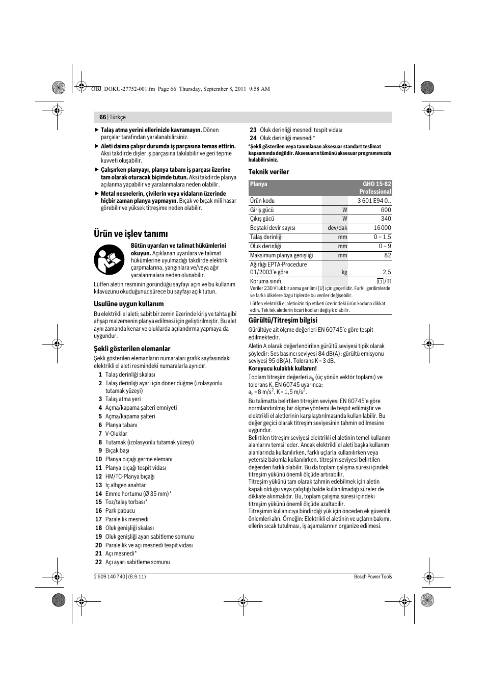 Ürün ve işlev tan m | Bosch GHO 15-82 Professional User Manual | Page 66 / 139