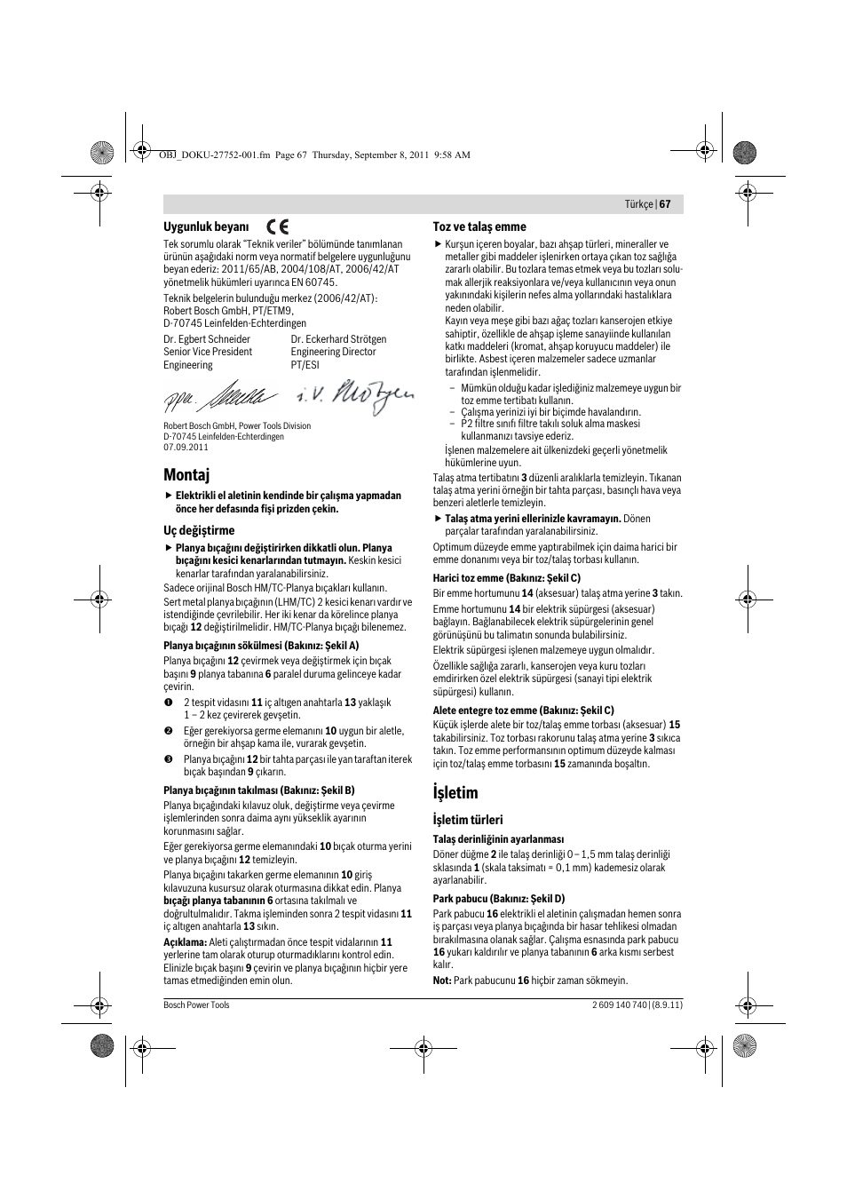 Montaj, Işletim | Bosch GHO 15-82 Professional User Manual | Page 67 / 139