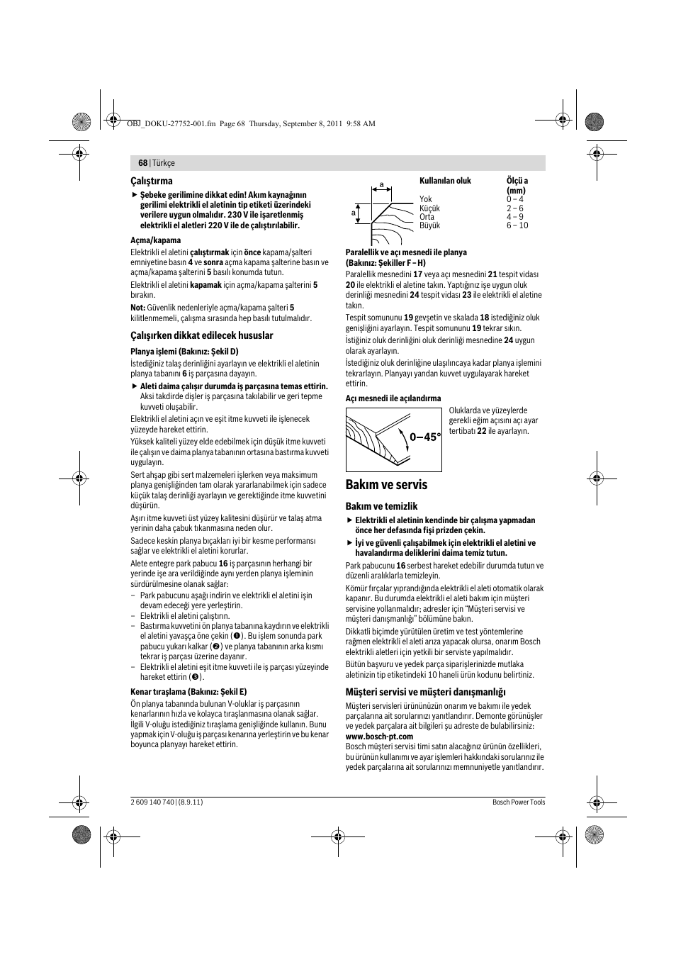 Bak m ve servis | Bosch GHO 15-82 Professional User Manual | Page 68 / 139