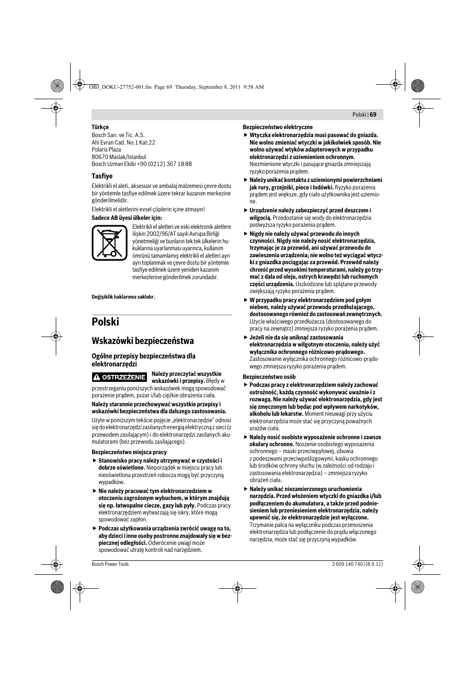 Polski, Wskazówki bezpieczeństwa | Bosch GHO 15-82 Professional User Manual | Page 69 / 139