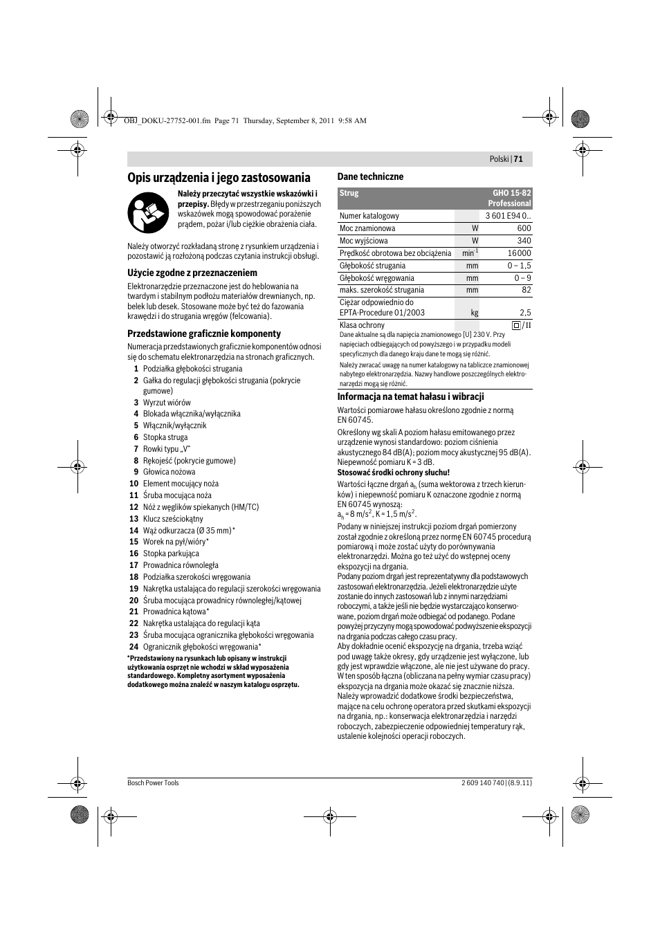 Opis urządzenia i jego zastosowania | Bosch GHO 15-82 Professional User Manual | Page 71 / 139