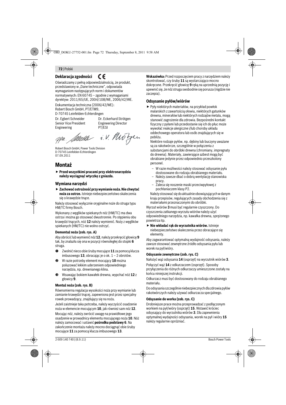 Montaż | Bosch GHO 15-82 Professional User Manual | Page 72 / 139