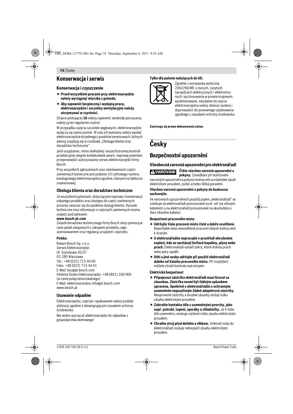 Česky, Konserwacja i serwis, Bezpečnostní upozornění | Bosch GHO 15-82 Professional User Manual | Page 74 / 139