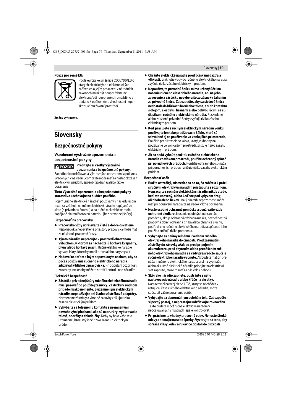 Slovensky, Bezpečnostné pokyny | Bosch GHO 15-82 Professional User Manual | Page 79 / 139