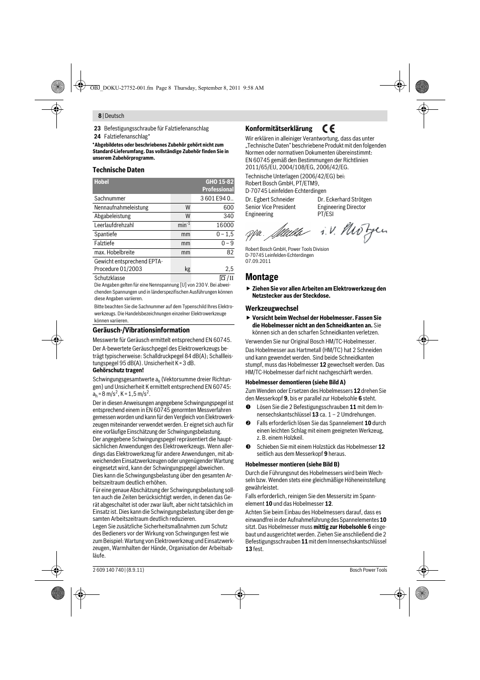 Montage | Bosch GHO 15-82 Professional User Manual | Page 8 / 139