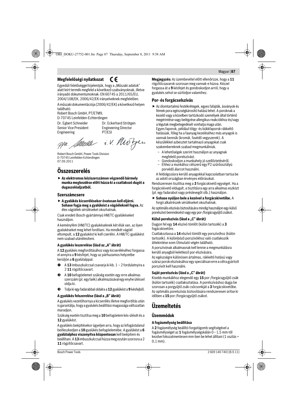 Összeszerelés, Üzemeltetés | Bosch GHO 15-82 Professional User Manual | Page 87 / 139