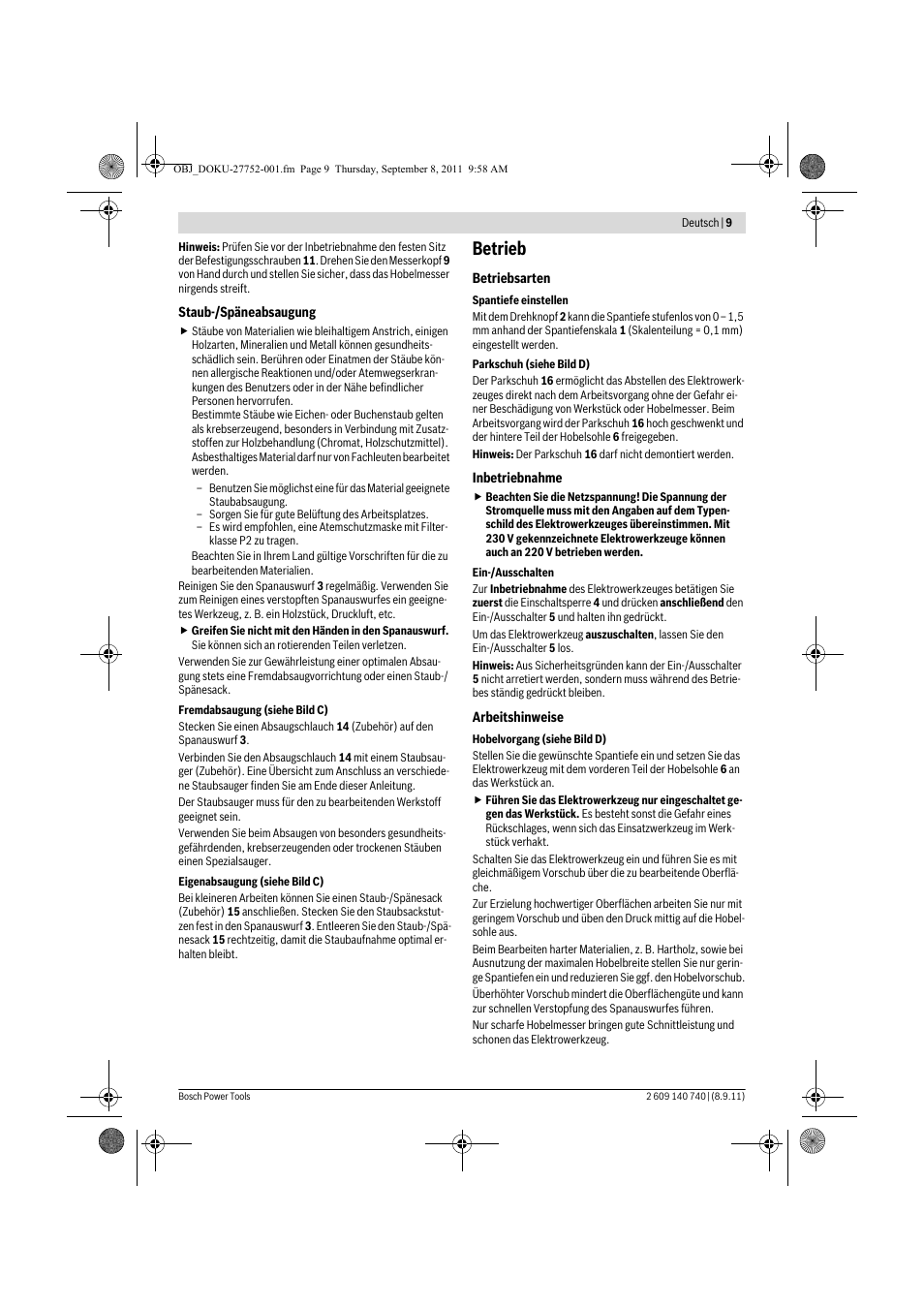 Betrieb | Bosch GHO 15-82 Professional User Manual | Page 9 / 139