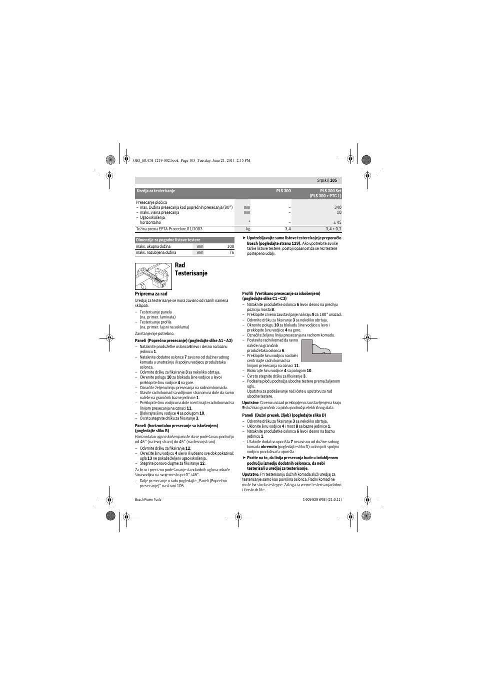 Rad testerisanje | Bosch PLS 300 User Manual | Page 105 / 130