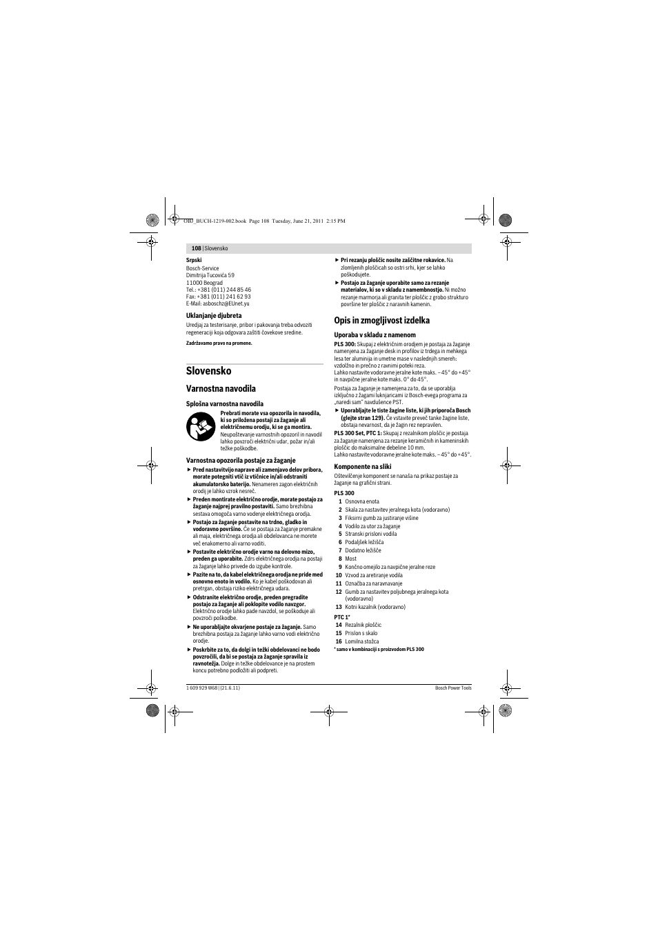 Slovensko, Varnostna navodila, Opis in zmogljivost izdelka | Bosch PLS 300 User Manual | Page 108 / 130