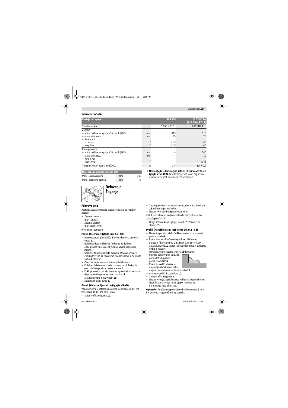 Delovanje žaganje | Bosch PLS 300 User Manual | Page 109 / 130