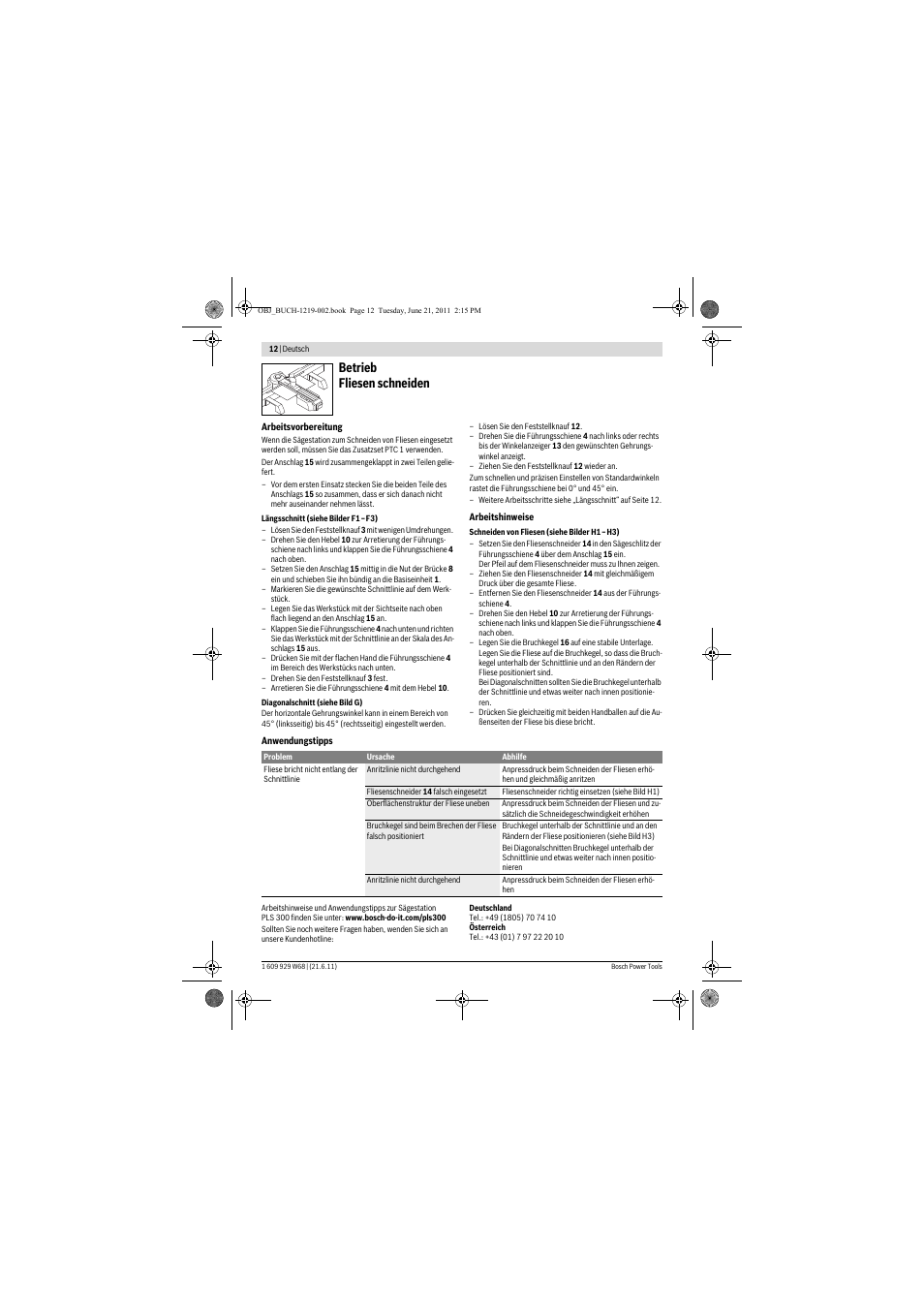 Betrieb fliesen schneiden | Bosch PLS 300 User Manual | Page 12 / 130