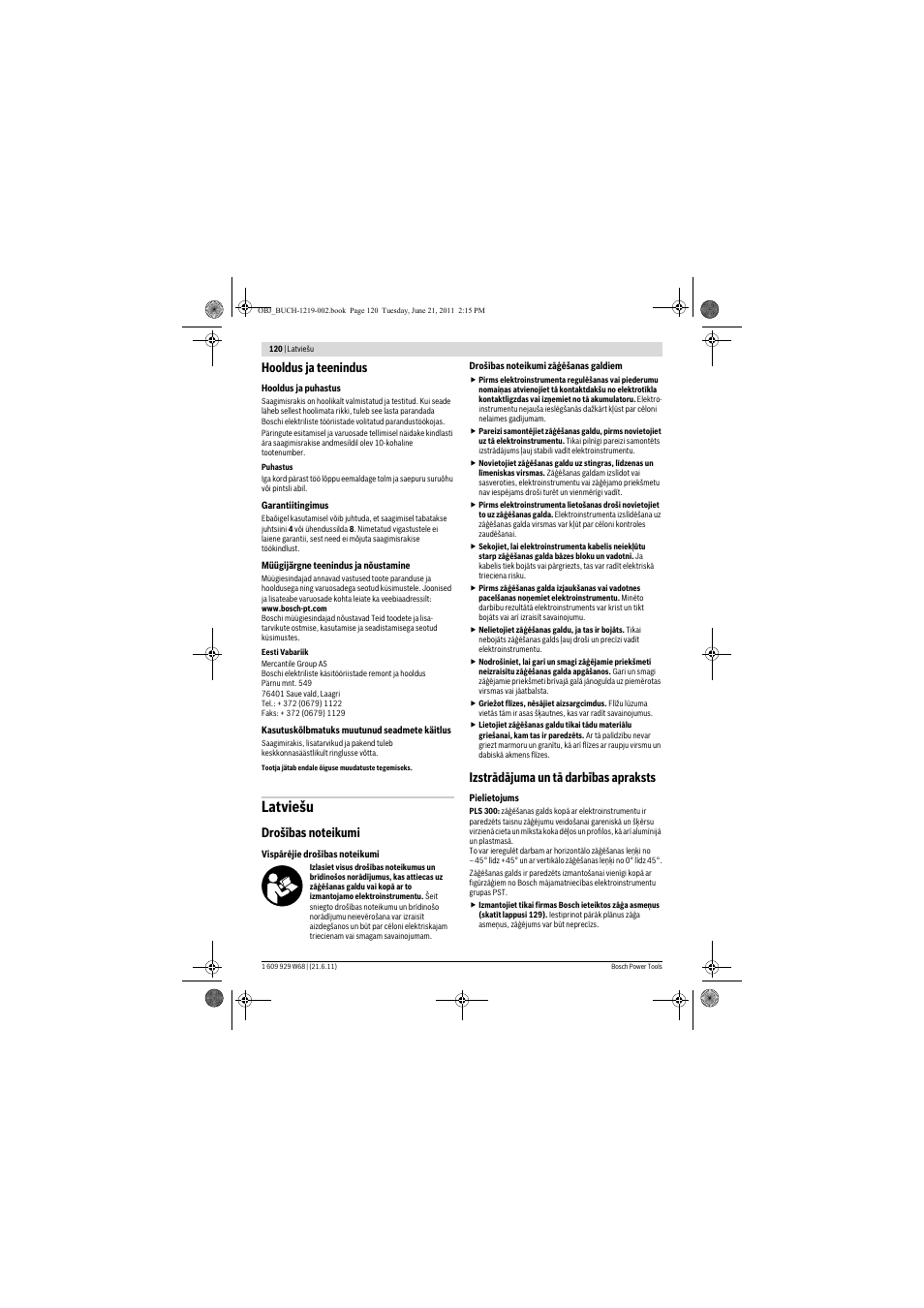 Latviešu, Hooldus ja teenindus, Izstrādājuma un tā darbības apraksts | Bosch PLS 300 User Manual | Page 120 / 130