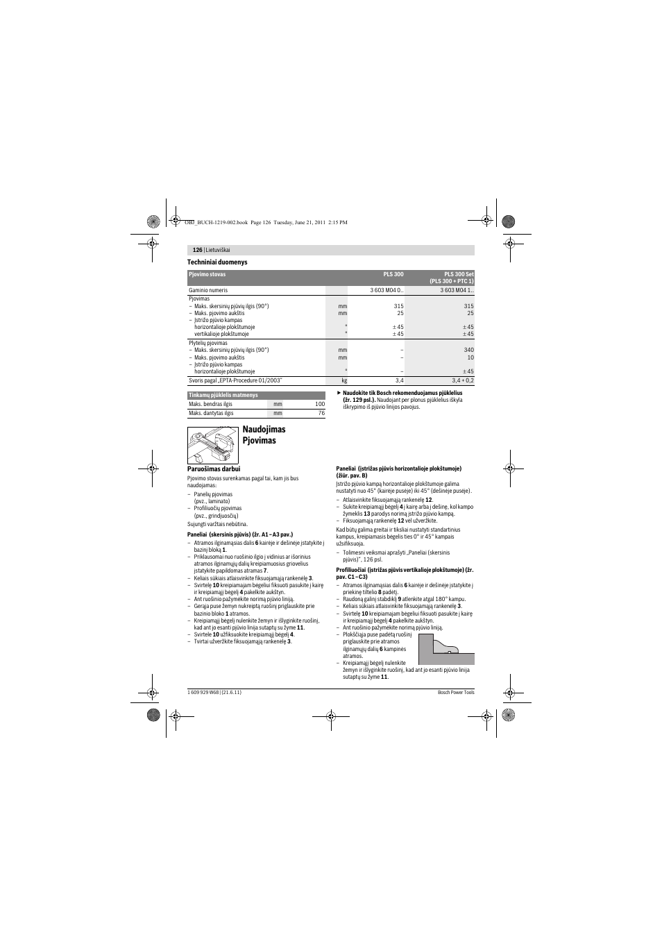 Naudojimas pjovimas | Bosch PLS 300 User Manual | Page 126 / 130