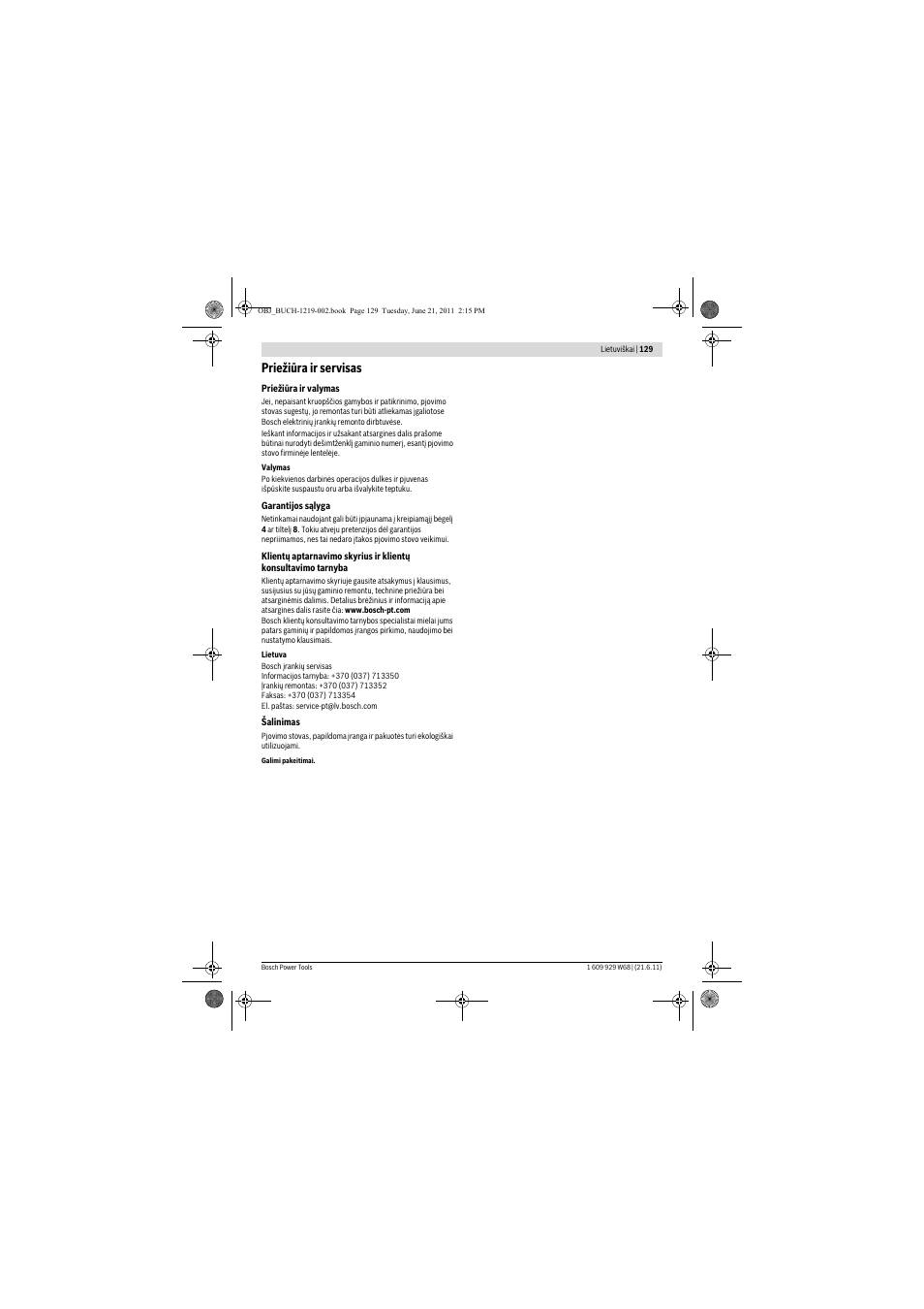 Priežiūra ir servisas | Bosch PLS 300 User Manual | Page 129 / 130