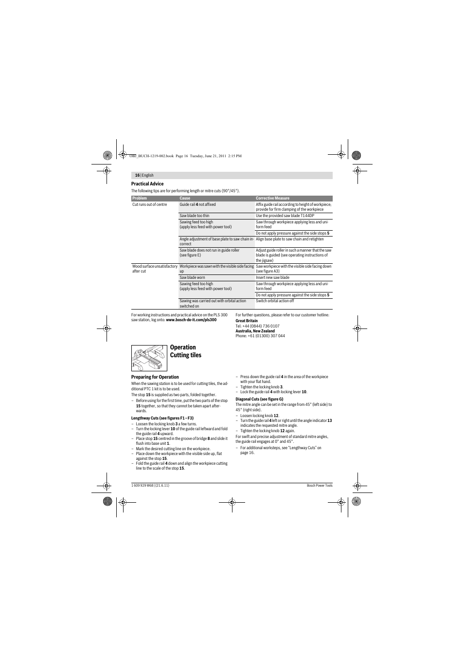 Operation cutting tiles | Bosch PLS 300 User Manual | Page 16 / 130