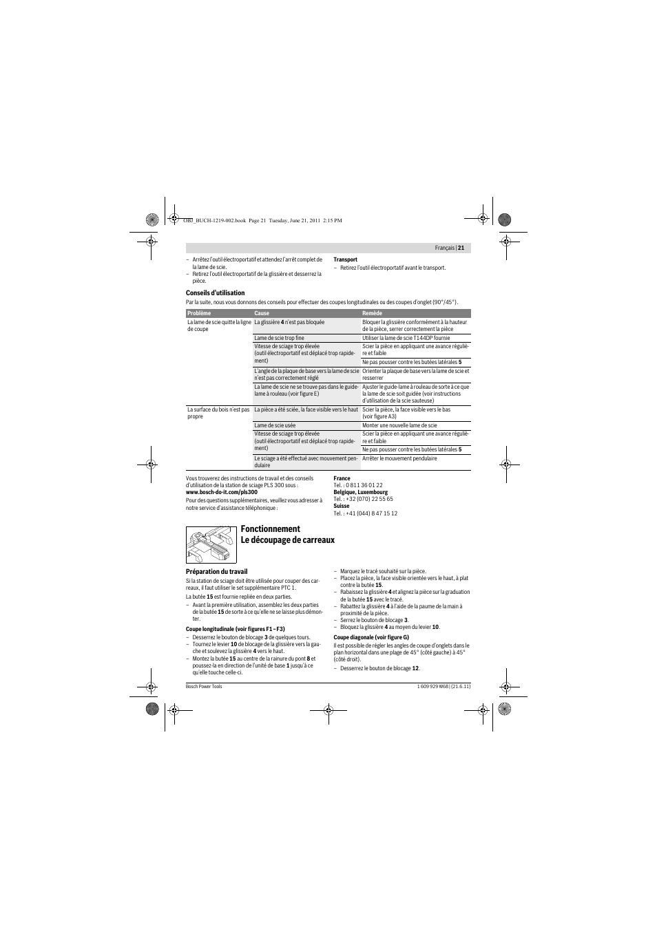 Fonctionnement le découpage de carreaux | Bosch PLS 300 User Manual | Page 21 / 130
