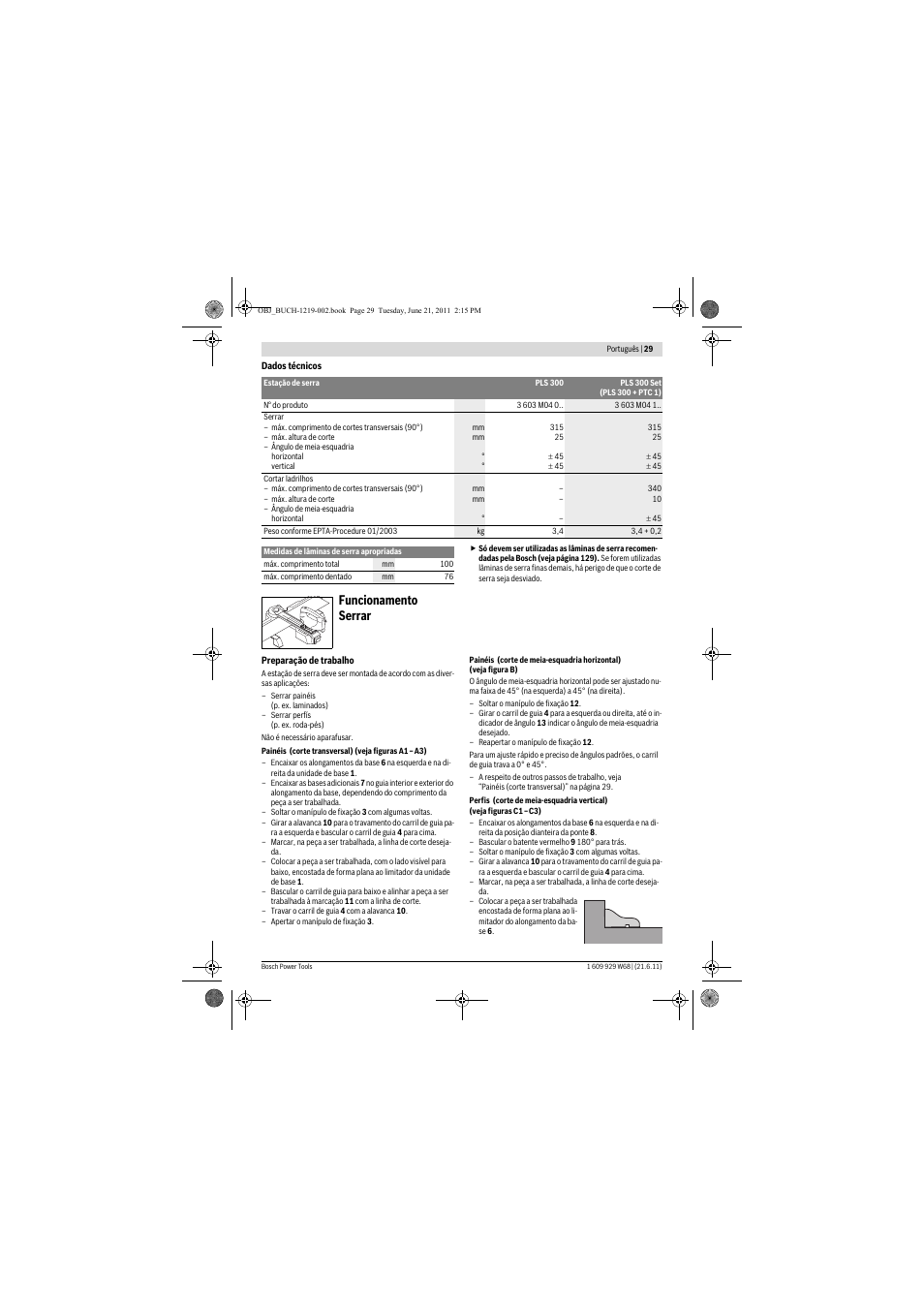 Funcionamento serrar | Bosch PLS 300 User Manual | Page 29 / 130