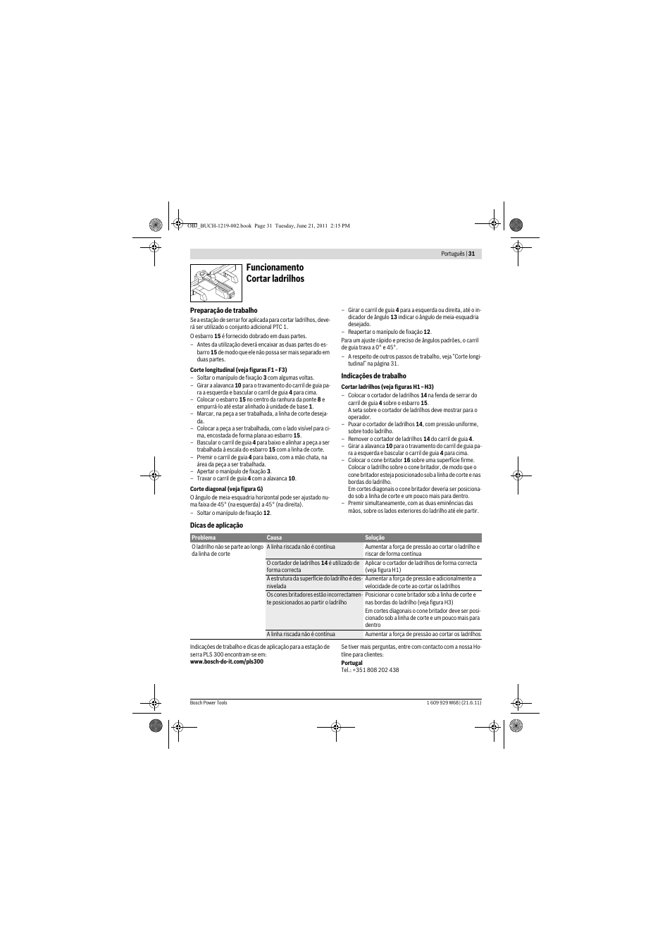 Funcionamento cortar ladrilhos | Bosch PLS 300 User Manual | Page 31 / 130