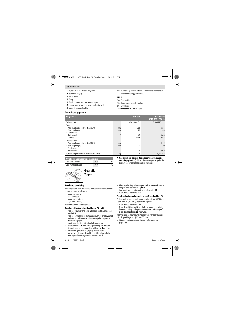 Gebruik zagen | Bosch PLS 300 User Manual | Page 38 / 130