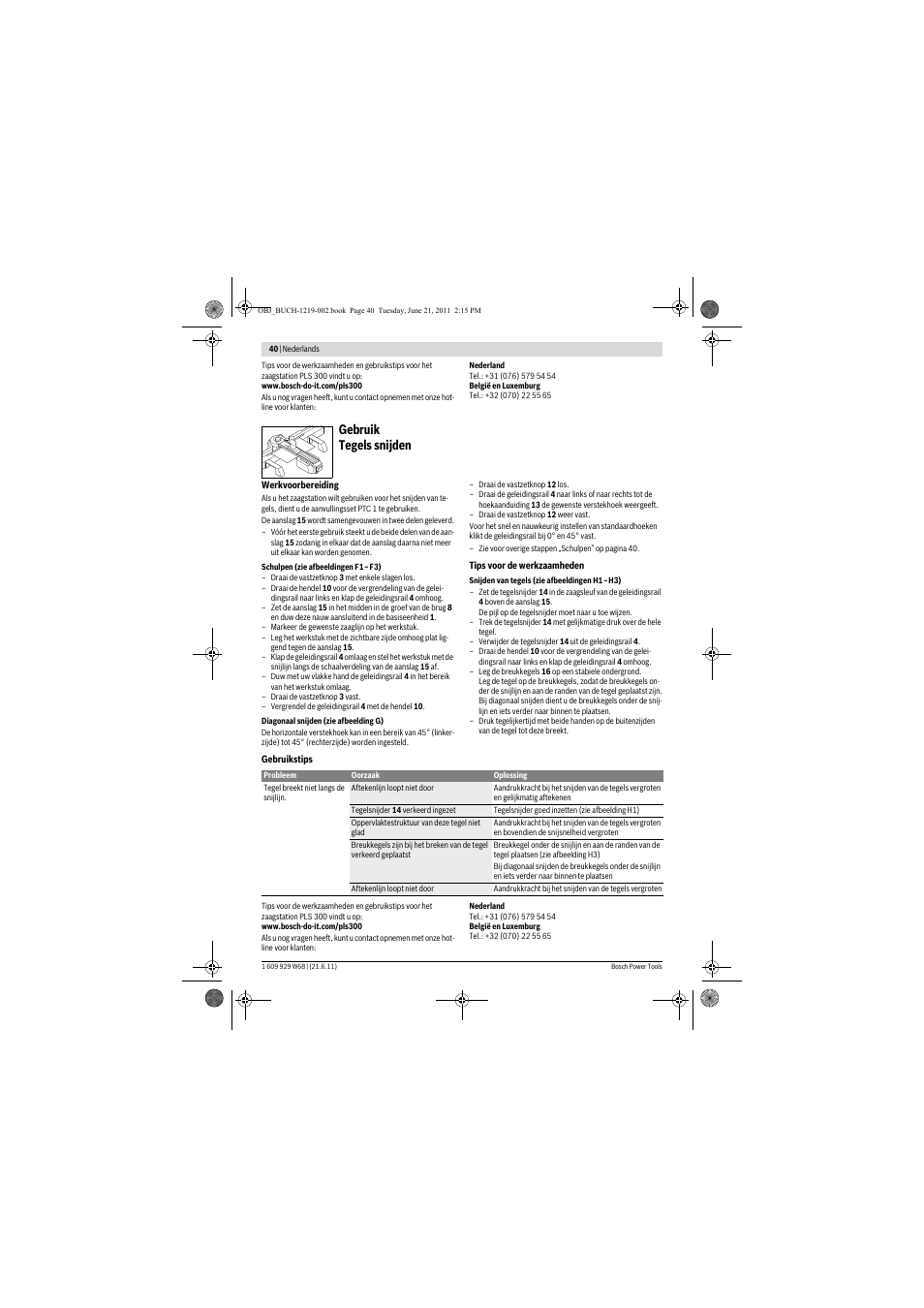 Gebruik tegels snijden | Bosch PLS 300 User Manual | Page 40 / 130