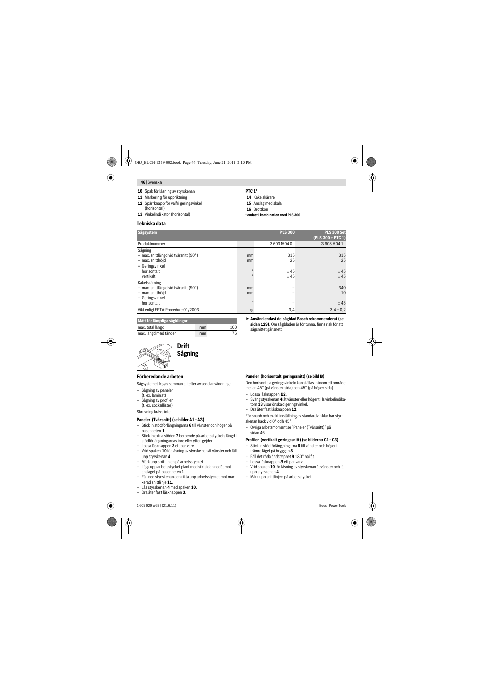 Drift sågning | Bosch PLS 300 User Manual | Page 46 / 130