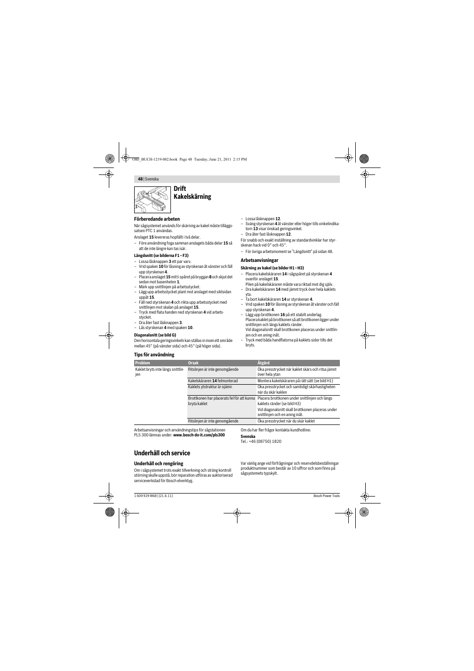 Drift kakelskärning, Underhåll och service | Bosch PLS 300 User Manual | Page 48 / 130