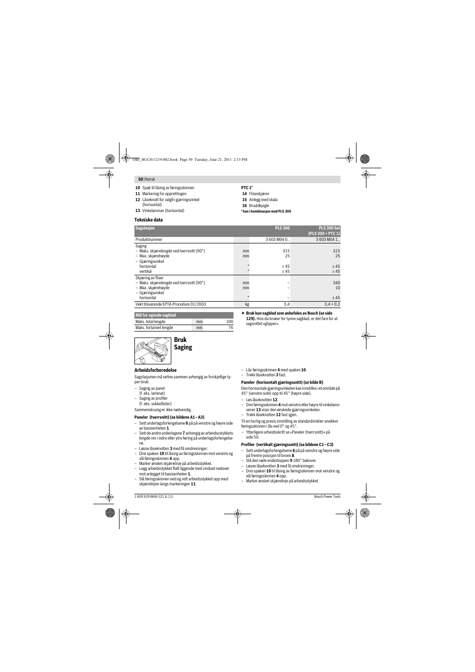 Bruk saging | Bosch PLS 300 User Manual | Page 50 / 130