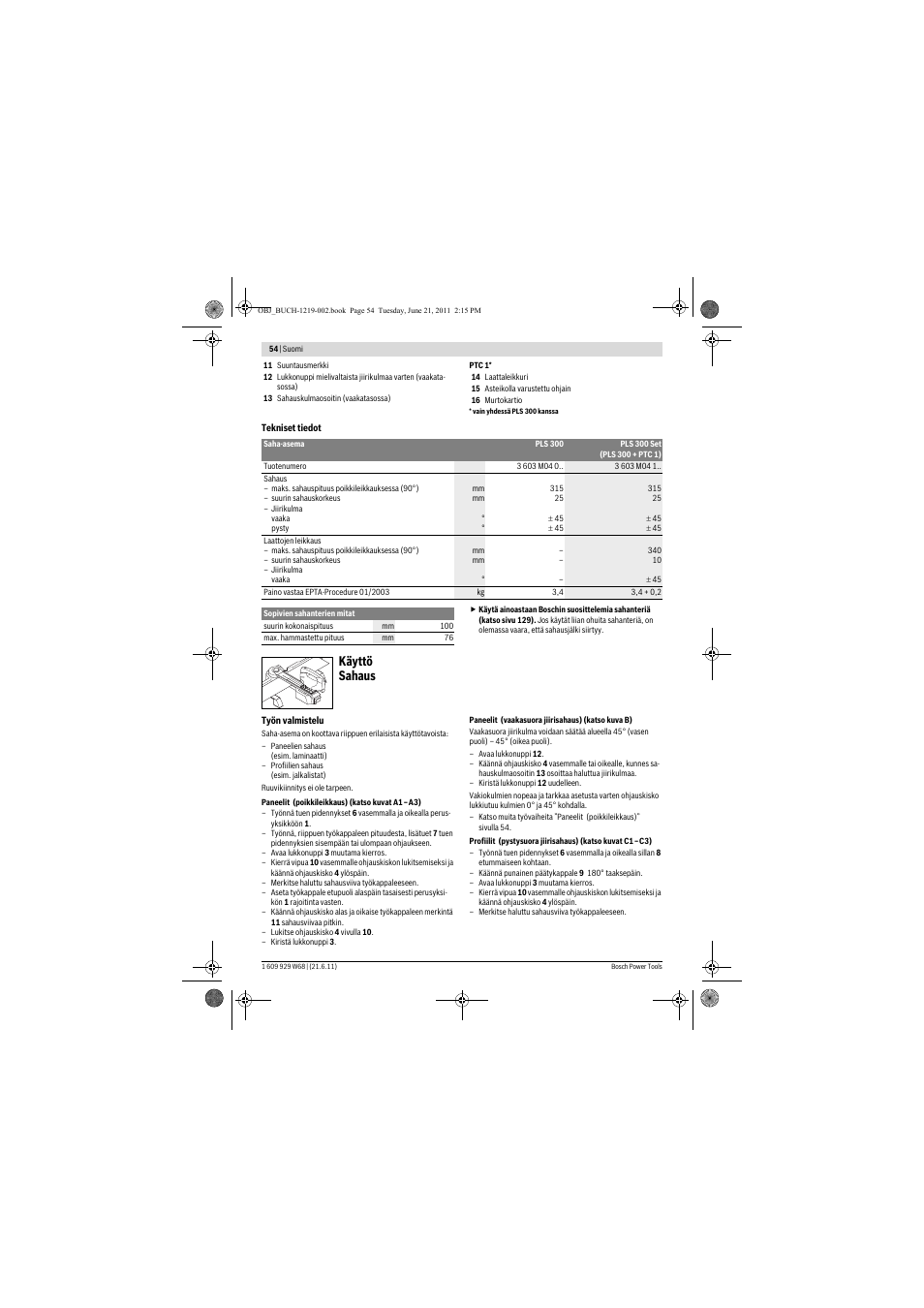 Käyttö sahaus | Bosch PLS 300 User Manual | Page 54 / 130