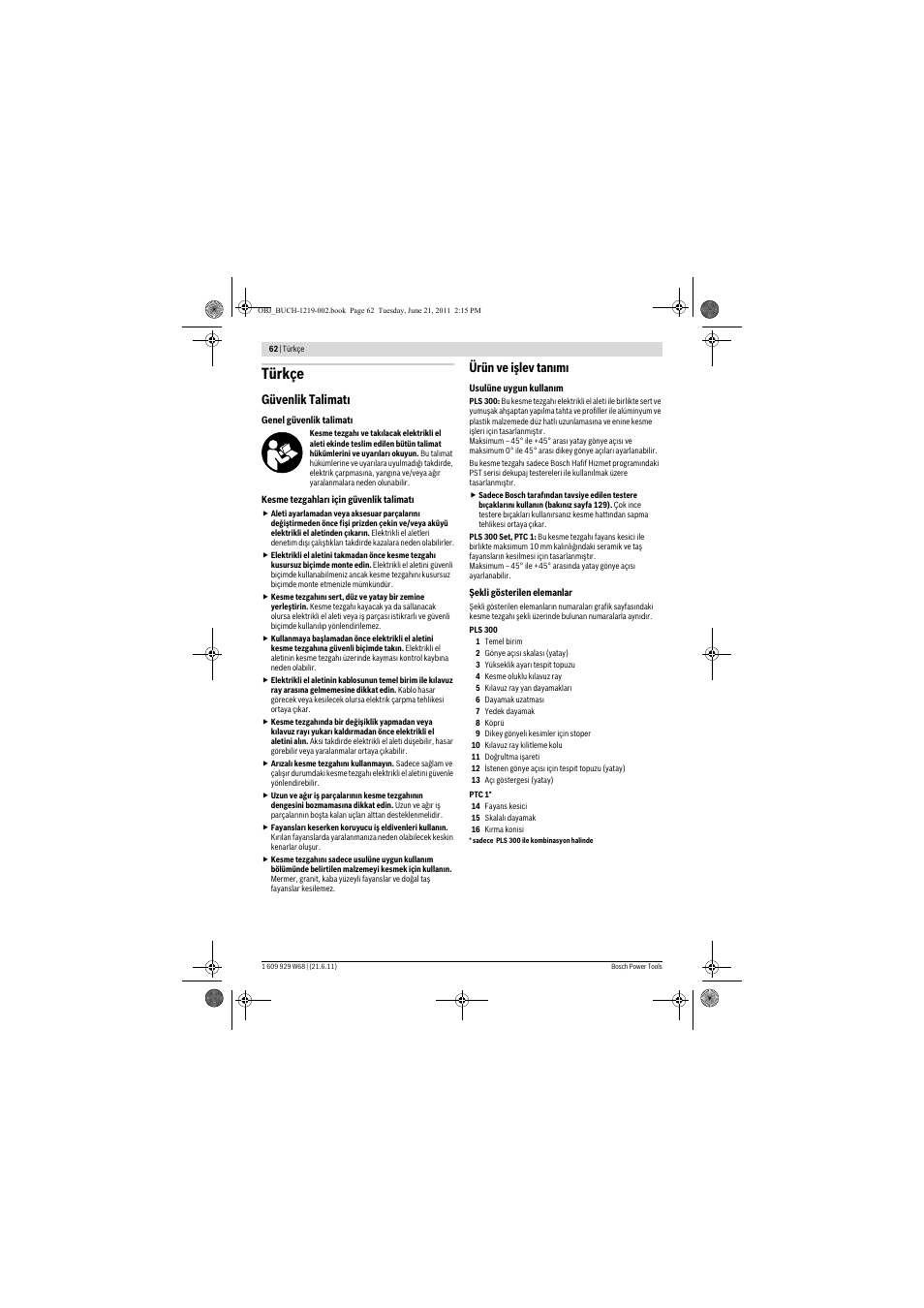 Türkçe, Güvenlik talimat, Ürün ve işlev tan m | Bosch PLS 300 User Manual | Page 62 / 130