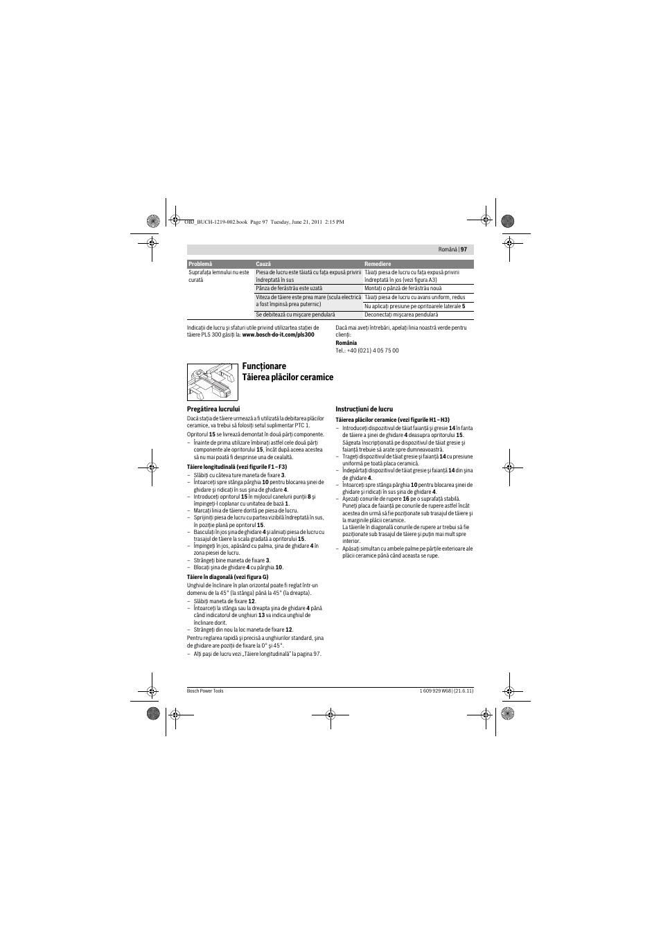 Funcţionare tăierea plăcilor ceramice | Bosch PLS 300 User Manual | Page 97 / 130